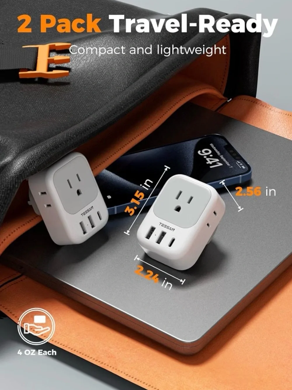 TESSAN UK Adapters for Travel, Type G Adaptor, 2 Pack 4 Outlets 3 USB, NEW